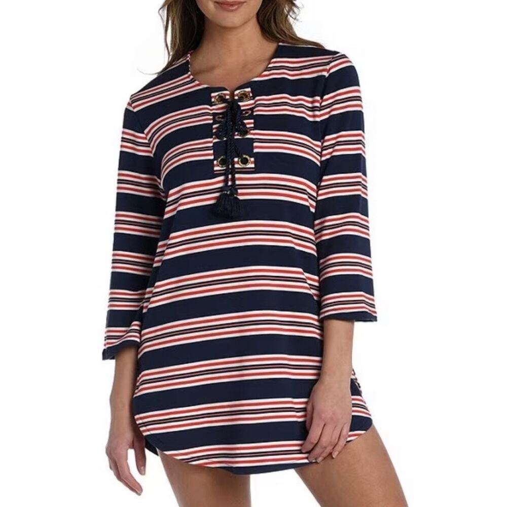 La Blanca Blue Sailor Striped Lace Up Cover Up Tunic Sz S NWT